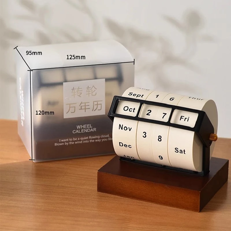 2025 Calendar Rotary Perpetual Desk Calendar Wooden Wheeling Calendar Month Week Day Date Display For Home Office Reusable