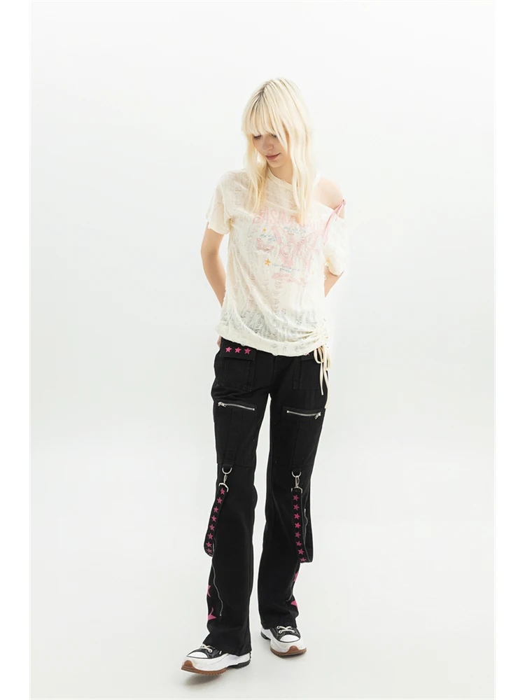 Damen Schwarz Gothic Baggy Cargo Jeans Harajuku Vintage Y2k Denim Hose Cowboy Hose 90er Jahre Ästhetisch Trashy Emo 2000er Jahre Kleidung Neu