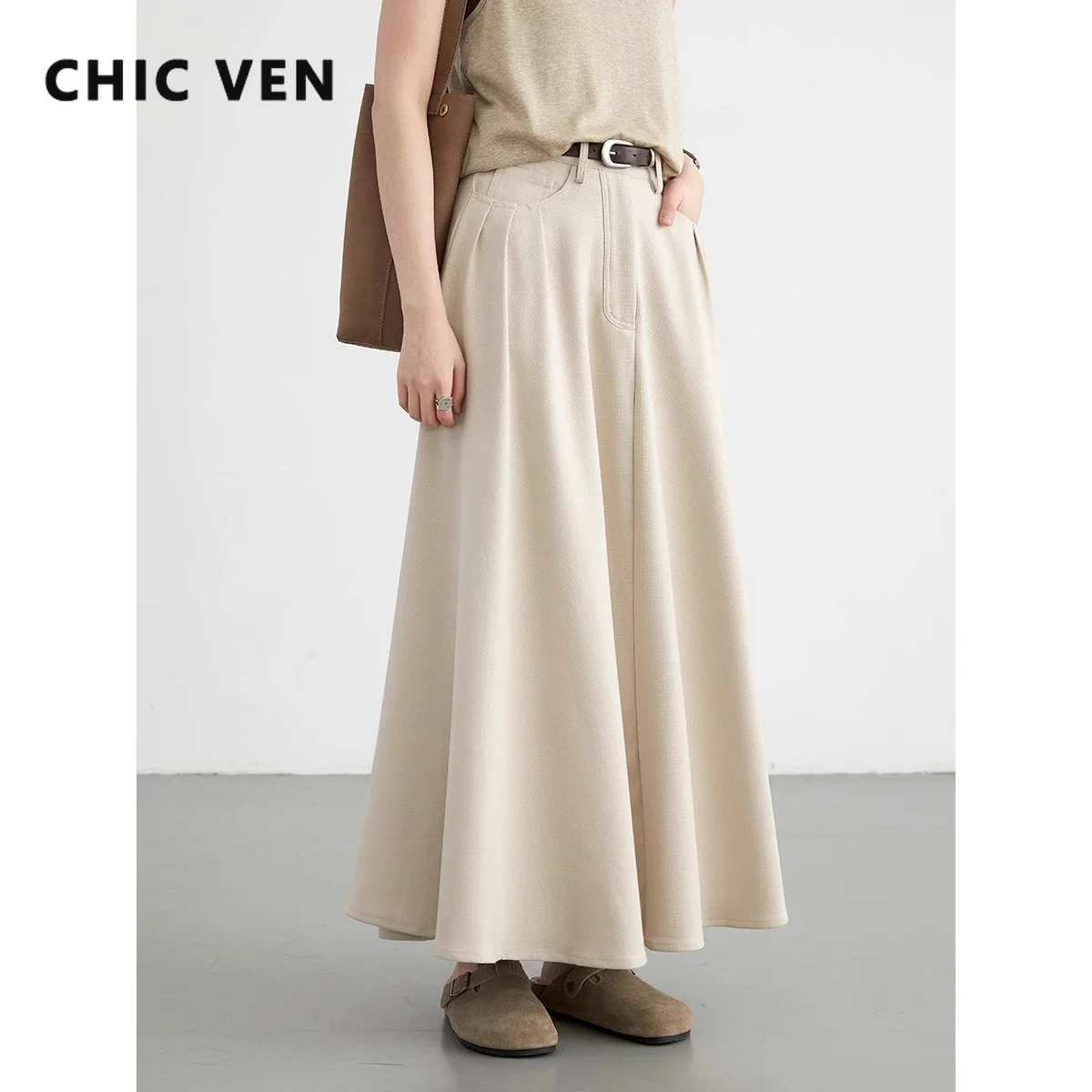 CHIC VEN Korean Women Skirts Solid New High Waisted Pleated Female Skirt A-line Long Fashion Skirt Spring Summer 2024