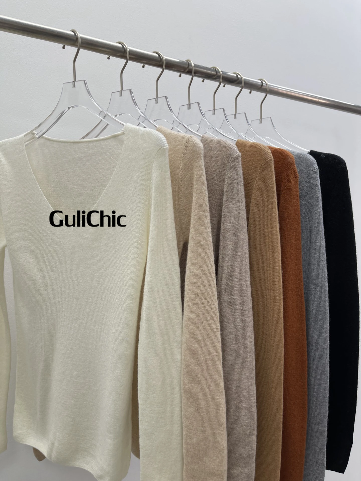 GuliChic-V-Neck Long Sleeve Thin Knitted Sweater, Cashmere Wool, Stretch Slim Pullover, Top Knitwear