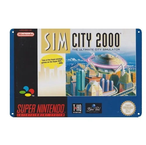 Placa de Metal Decorativa Sim City 2000 Super Retro Video Game 20x30cm - Alumínio