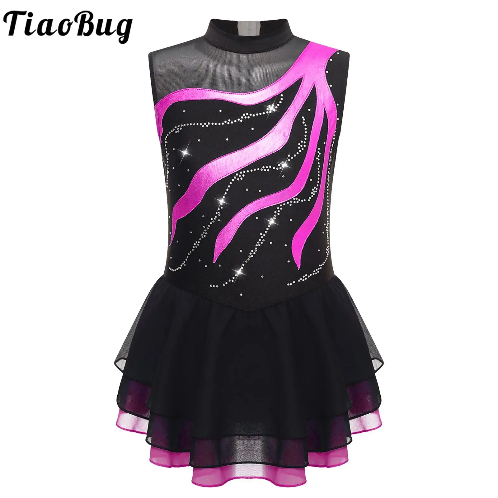 

Kids Girls Figure Ice Skating Dance Dress Gymnatics Ballet Lyrical Leotards Dress Round Collar Sleeveless Rhinestone Dancewear