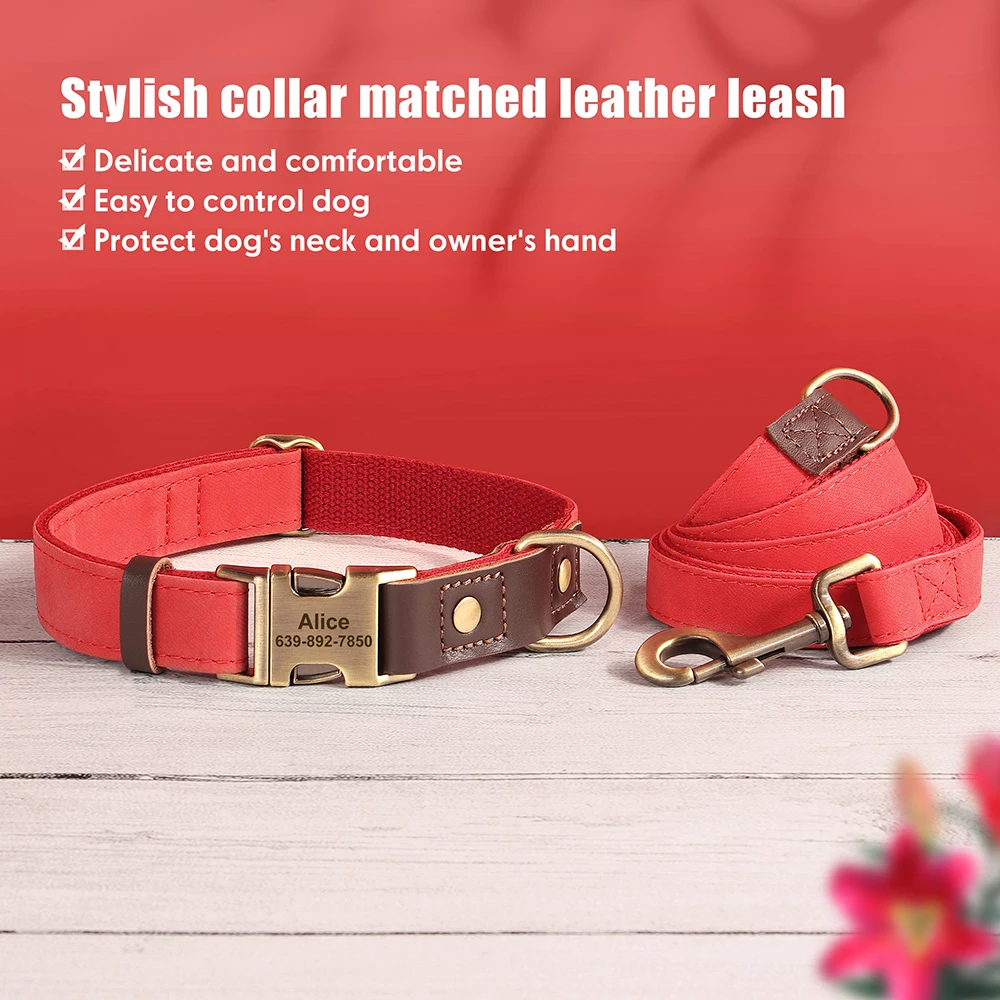 Custom Dog Collar Leash Durable Nylon PU Leather Dog Buckle Collars Necklace Pet Walking Lead Rope for Small Medium Dogs Pitbull