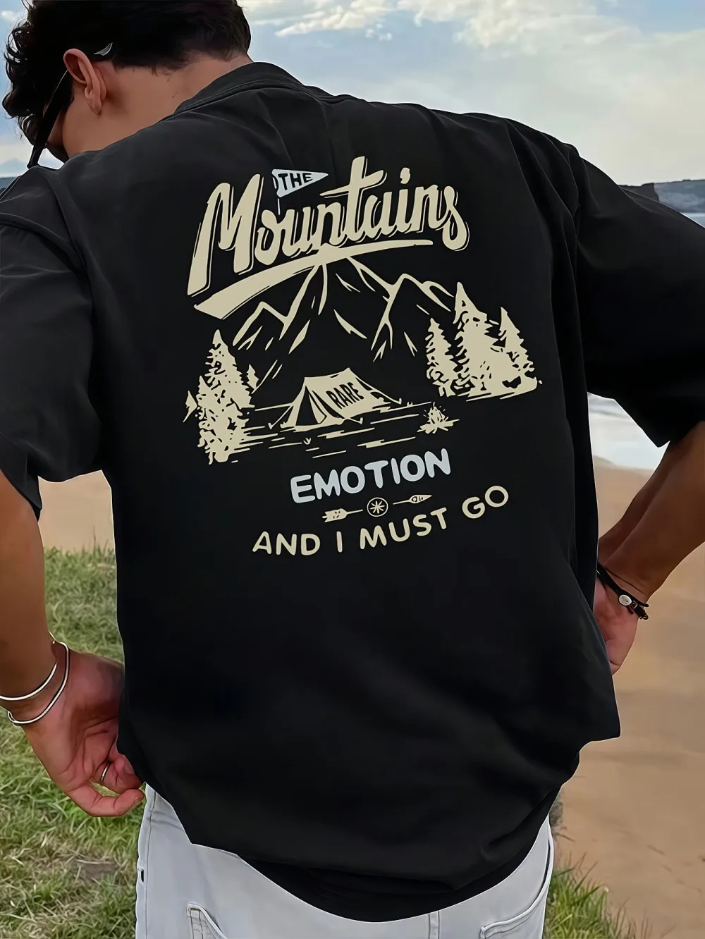 2025 new men's summer fashion mountain map landscape print soft and breathable round neck T-shirt outdoor casual top