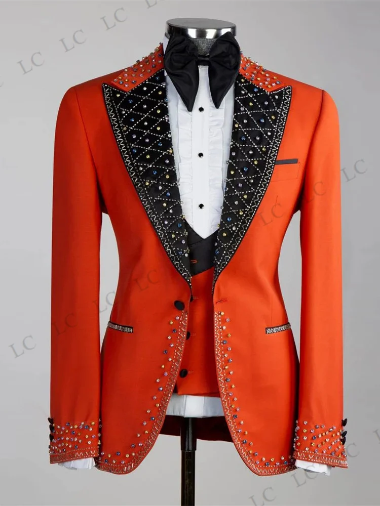 Luxury Diamonds 3 Pieces Blazer Pants Beadings Vest One ButtonMen Suits Tuxedo FashionFormal Prom Wedding Groom Plus Size Custom