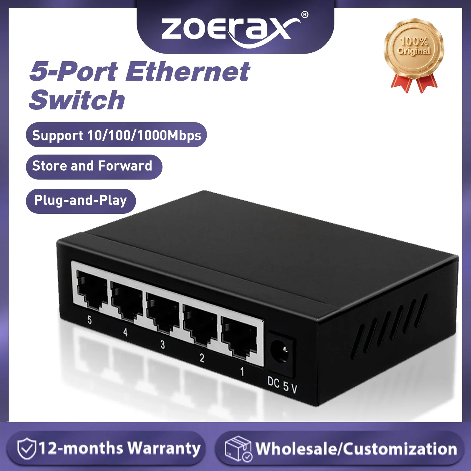 

5-портовый Ethernet-коммутатор ZoeRax 10/100/1000 Мбит/с, гигабитный хаб RJ45, интернет-сплиттер, высокоскоростной, стабильный, для домашнего офиса, IP-камер