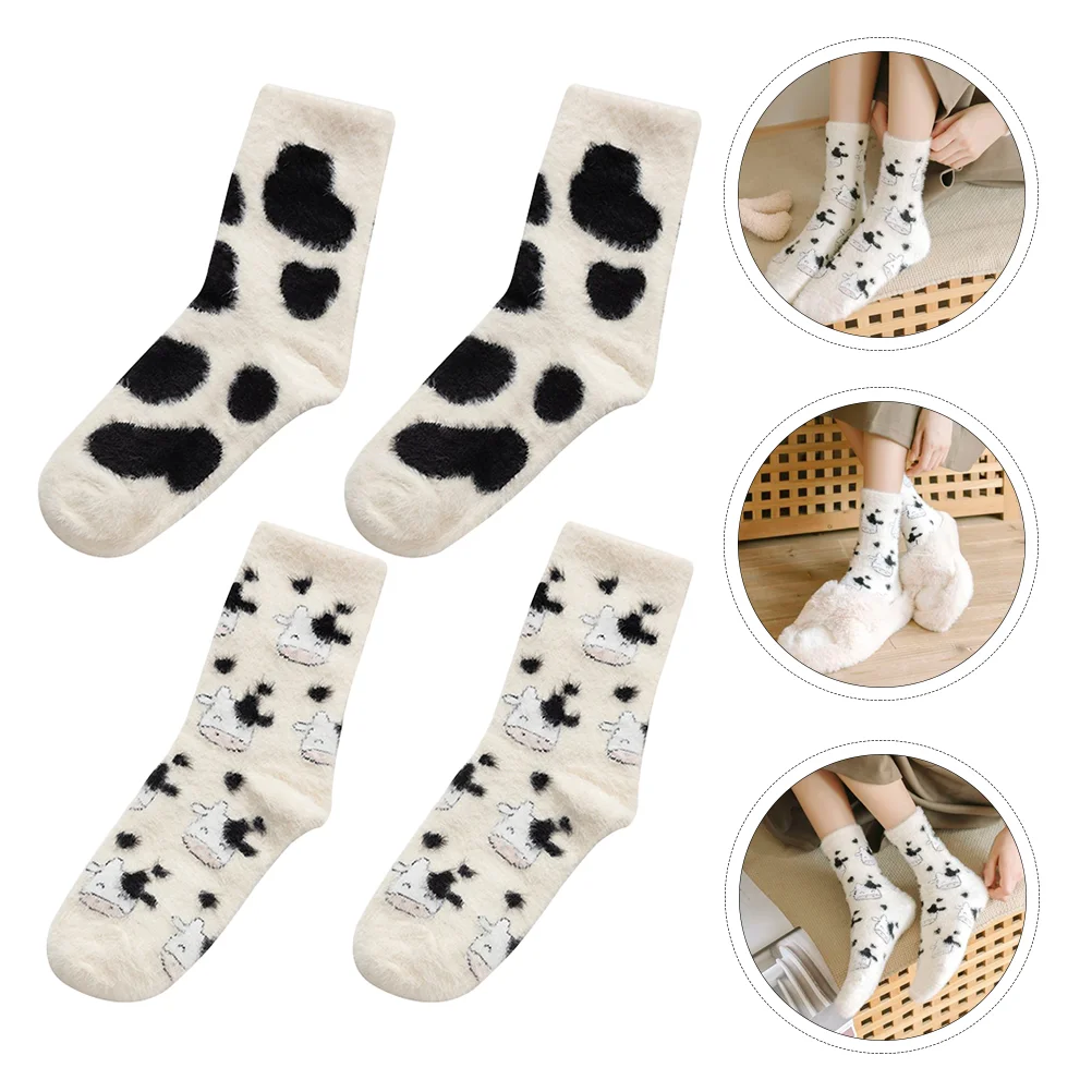 2 Pairs Cow Socks Warm Cotton Cartoon Womans Tube Plush Thickened Furry Stocking Hairy