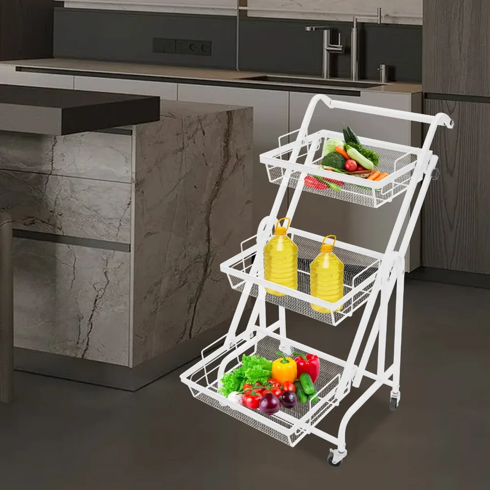 

3 Tier Rolling Cart Metal Utility Cart with Wheels and Adjustable Angle Heavy Duty Mesh Rolling Storage Carts for Office Kitchen