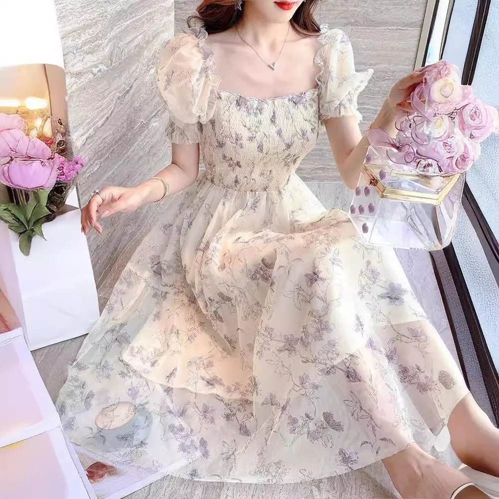 Summer French Ink Painting Waist And Thin Temperament Lady White Chiffon Dress Women's Clothing