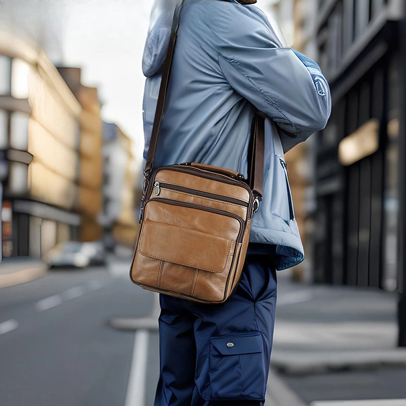 Leather men's single-shoulder backpack, square large-capacity multi-pocket flat storage travel crossbody bag