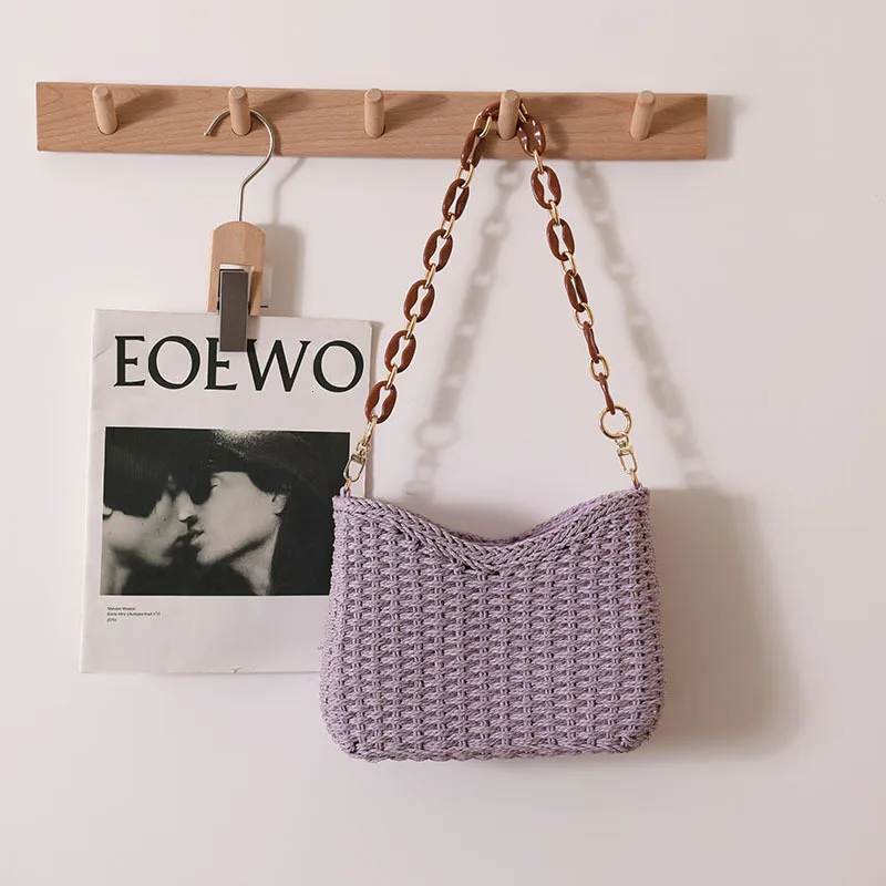 

Summer Fashion Hand-woven Women's Chain Tote Bag Straw Large Capacity Casual Beach Bag Rafia Bag 2025 Vinegar Women's Shoulder B