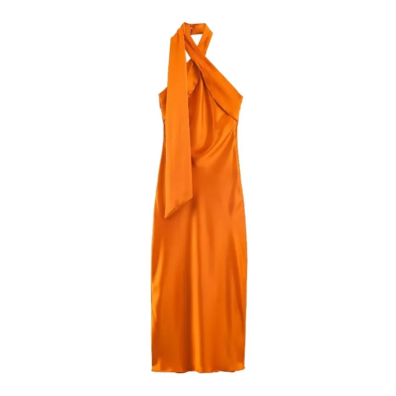 2026 Summer Women Halter Neck Midi Dress Satin Texture Tie Back Sleeveless Elegant Flowy Comfortable To Wear Date Outfit view 2