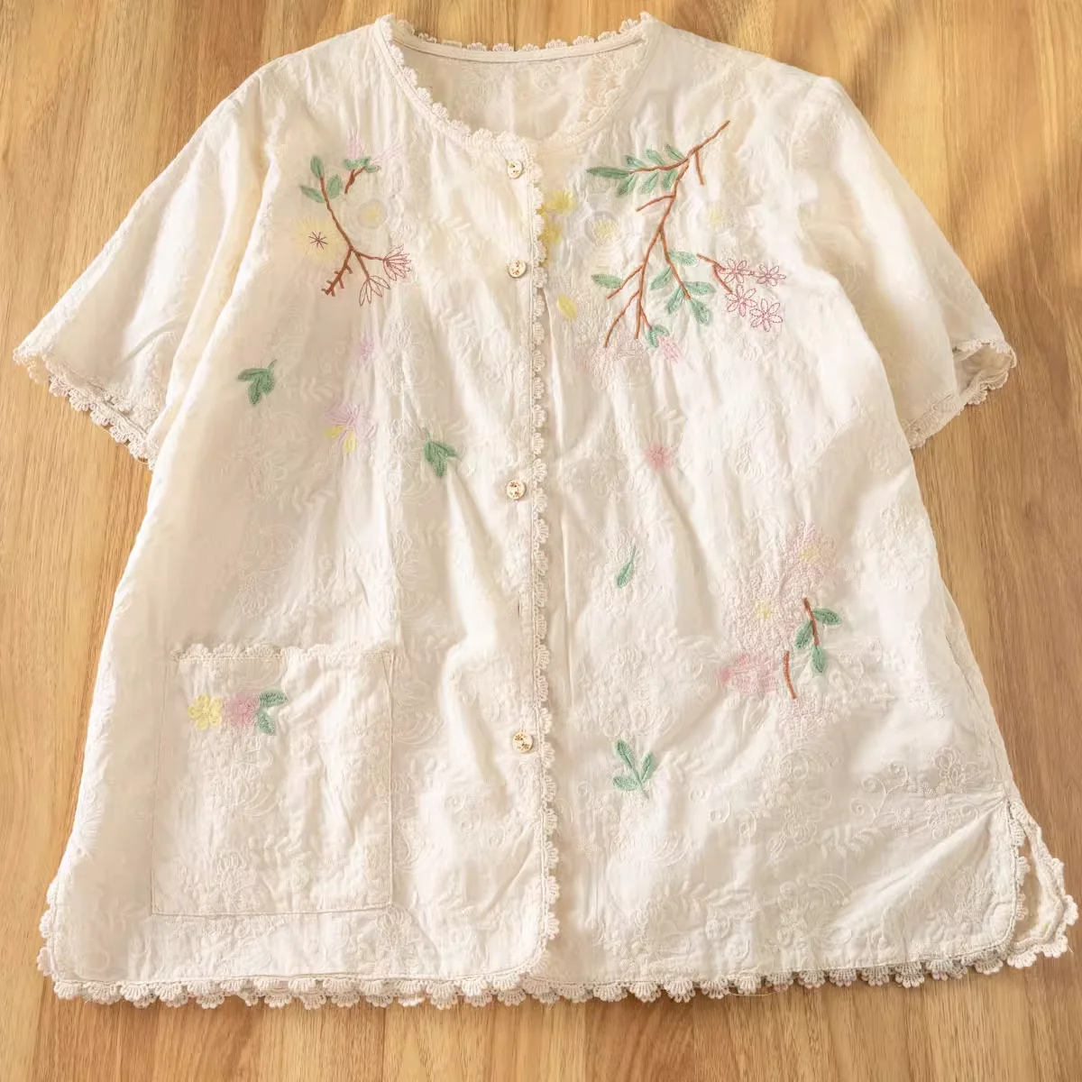 Vintage Floral Embroidery Denim Shirt Blouses for Women Spain Style Bohemian Denim Short Sleeve Tops Boho Clothing