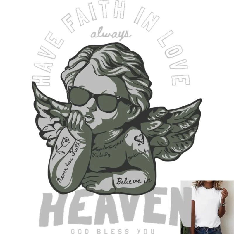 Trendy Sunglasses Angel Heat Transfer White Ink Iron - on Patch, Personalized Tattoo & English Slogan Pattern, Suitable for T -