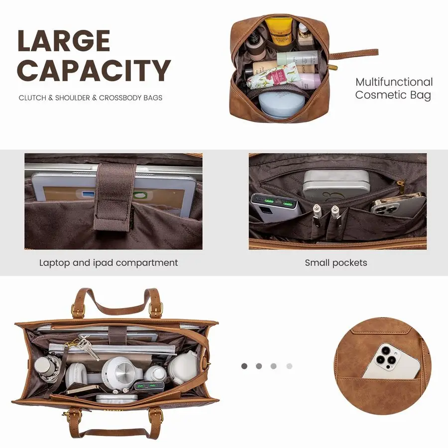Torba na laptopa dla kobiet, skórzana w stylu vintage, torba do pracy, duża pojemność 17,3 cala, torba na komputer z portfelem na dokumenty do biura, podróży, na co dzień
