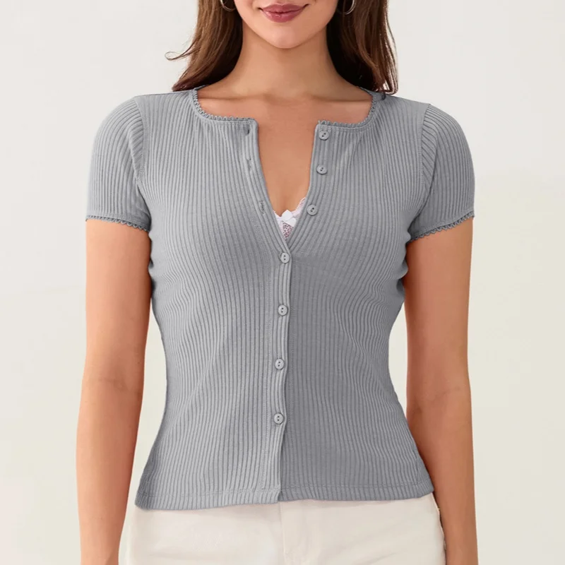 Women Button Up Ribbed Kint Sweater Picot Trim Cap Short Sleeve Shirt Slim Fit Open Front Casual Cardigan Tops