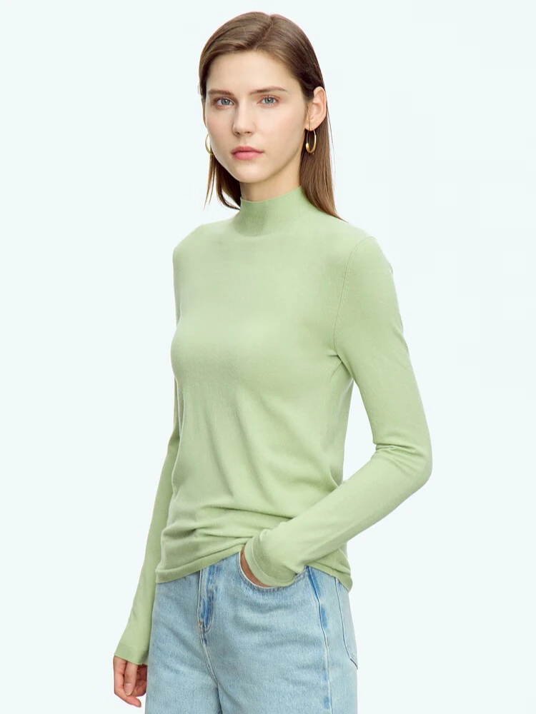 AMII Minimalism Women's Sweater Mock Neck Long Sleeve Pullover Tops 2025 Autumn New Slim Basic Solid Knitted Sweaters 12363002