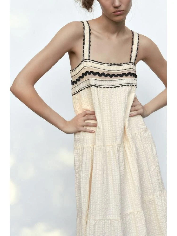 Été nouveau femmes col droit large sangle couleur Blo dentelle garniture ter Dr coton taille haute a-ligne jupe décontracté Sle