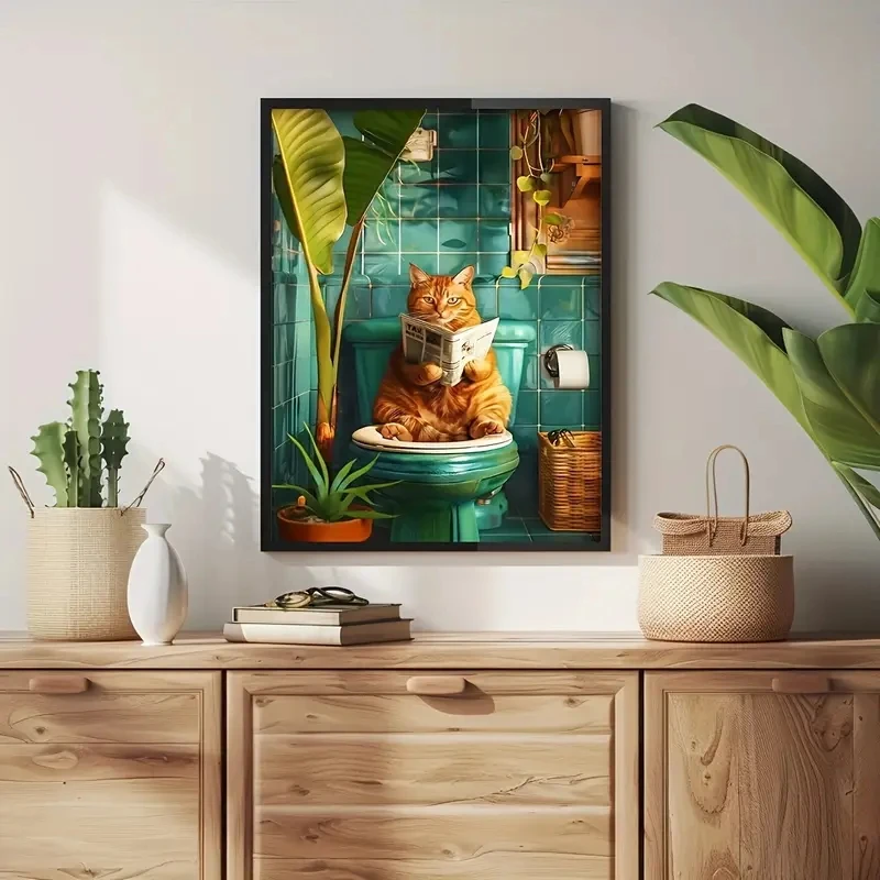 Abstract Interesting Orange Cat Reading Newspaper The Toilet Canvas Poster Modern Picture Wall Decoration, Painting, Home Decor