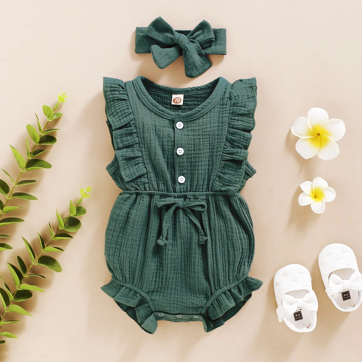 New Infant Toddler Born Baby Girls Romper + Headband Cotton Linen Ruffles Rompers Kids Onepiece Fashion Baby Clothing