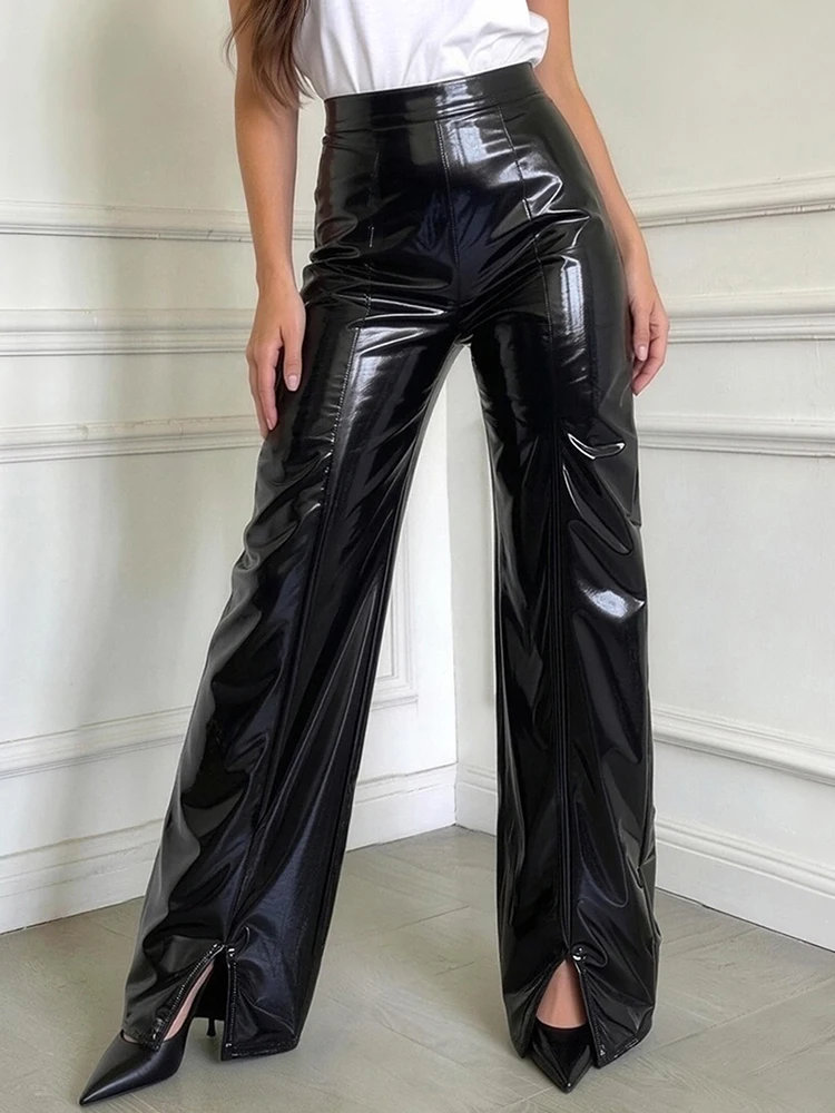 Women Shiny Black Faux Leather Straight Pants Hem Split Ladies Casual Chic Glossy Stretch PU Leather Wide Leg Trousers
