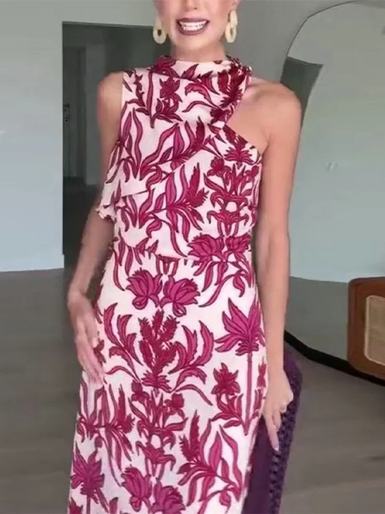 2025 Elegant One Shoulder Women Printed Maxi Dress Short Sleeveless Backless High Waist Long Dresses Summer Lady Party Robes