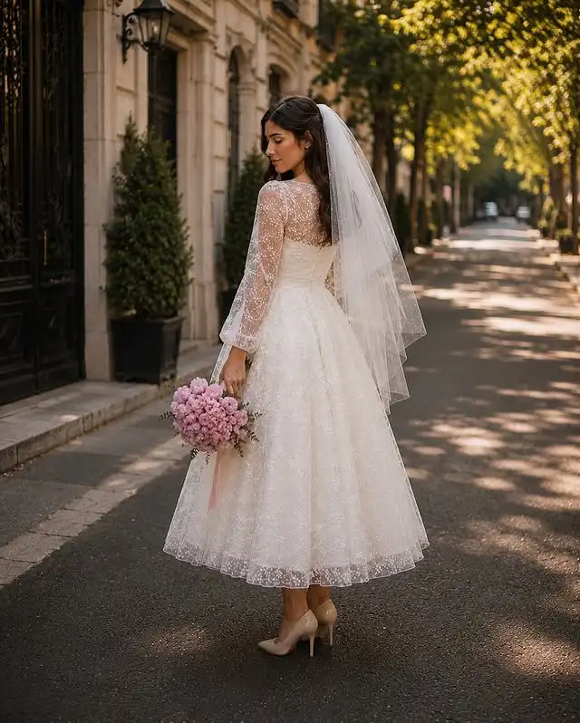 Customized Illusion Neck Tea Length Wedding Dress Lace Midi Bridal Gown with Lantern Sleeve Civil Elopement Bride Dresses
