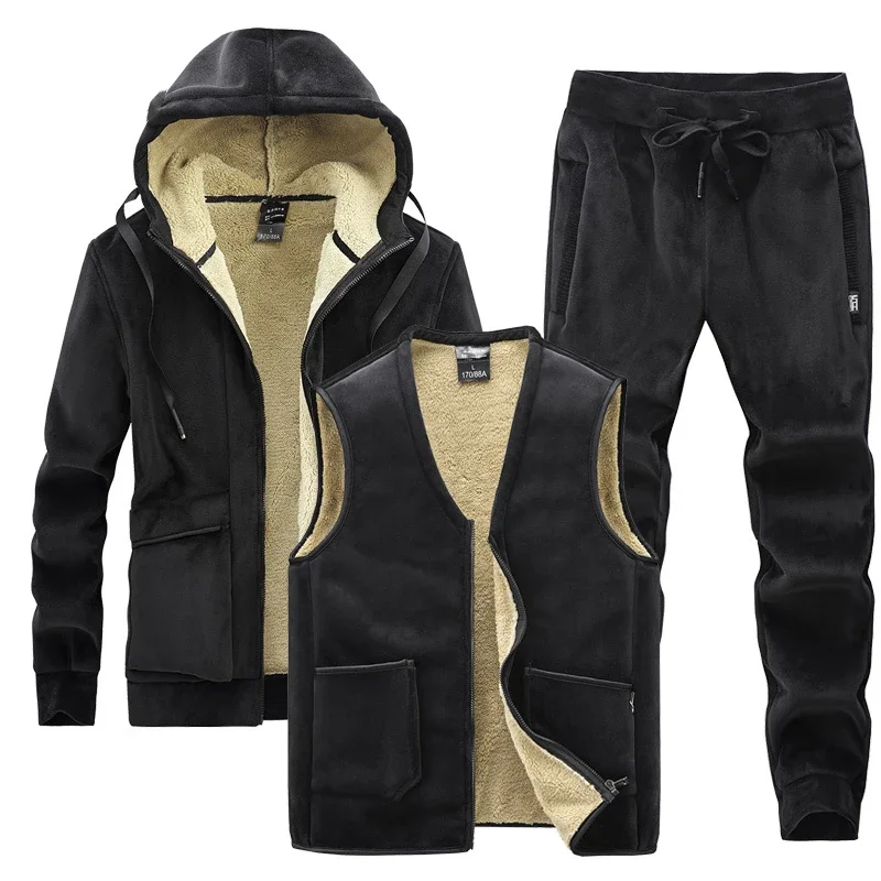 Men Winter Plus Velvet Thick Tracksuits Men's Lamb Cashmere Hoodies+vests+pants Three-pieces Sets Men Warm Casual Lamb Wool Sets image 2