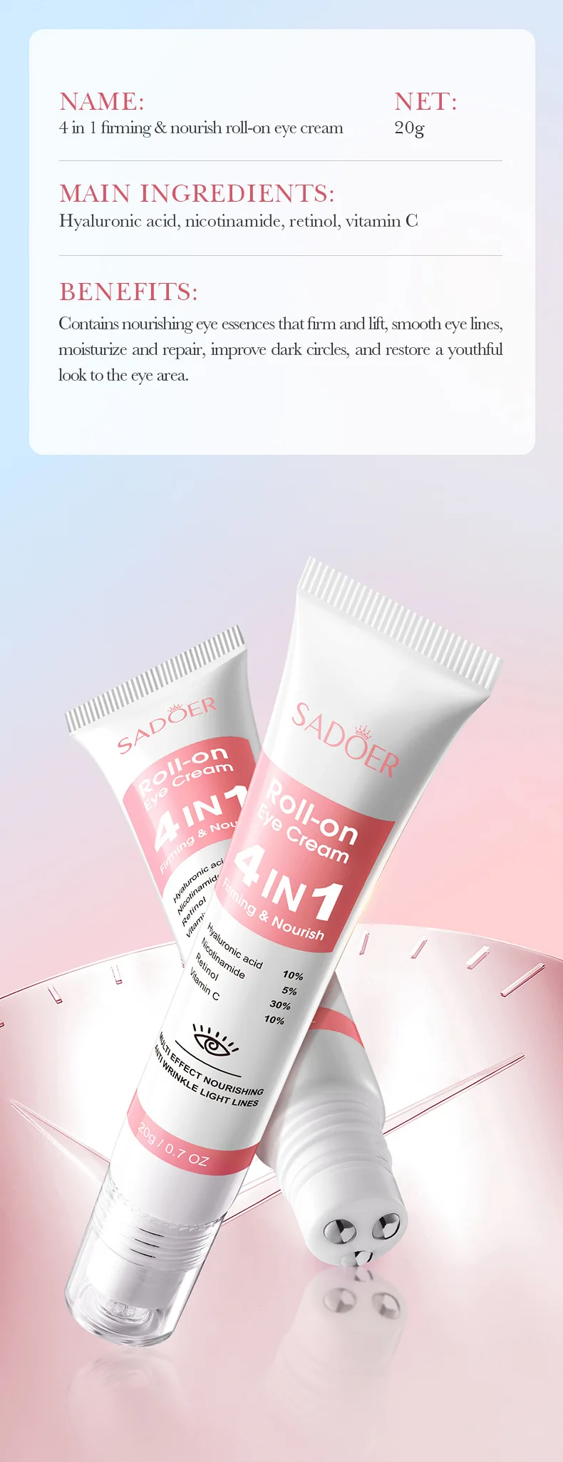 SADOER 4-in-1 Roll-on Feuchtigkeitsspendende Augencreme Gegen Augenringe Tränensäcke Straffendes Feuchtigkeitsserum Hautpflege für Schöne Augen – Detail 9