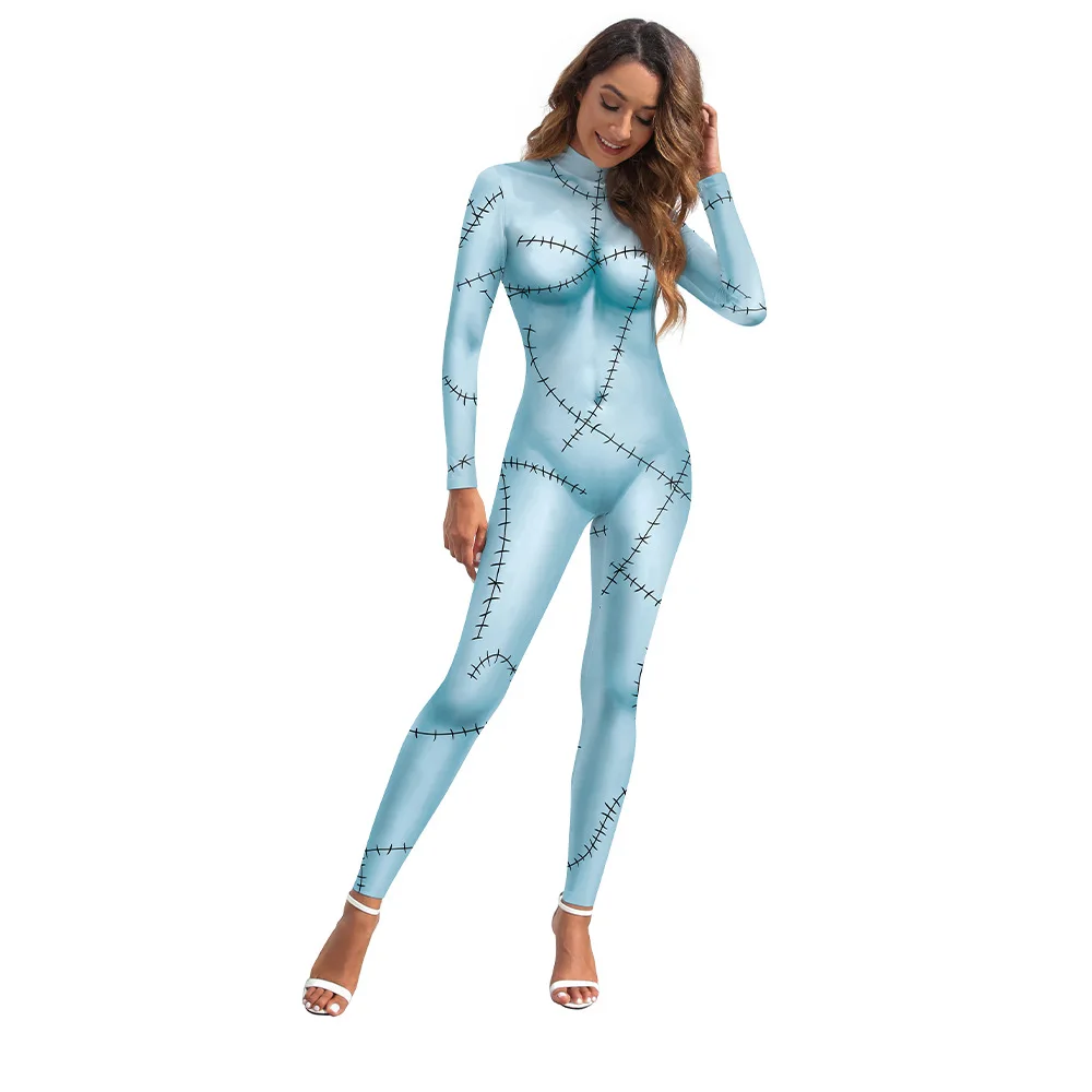 Traje Sally Horro para Mulheres, Vestido Sem Mangas, Macacão Fino, Catsuit, Zentai, Leggins Góticos, Halloween Movie Cosplay, Festa