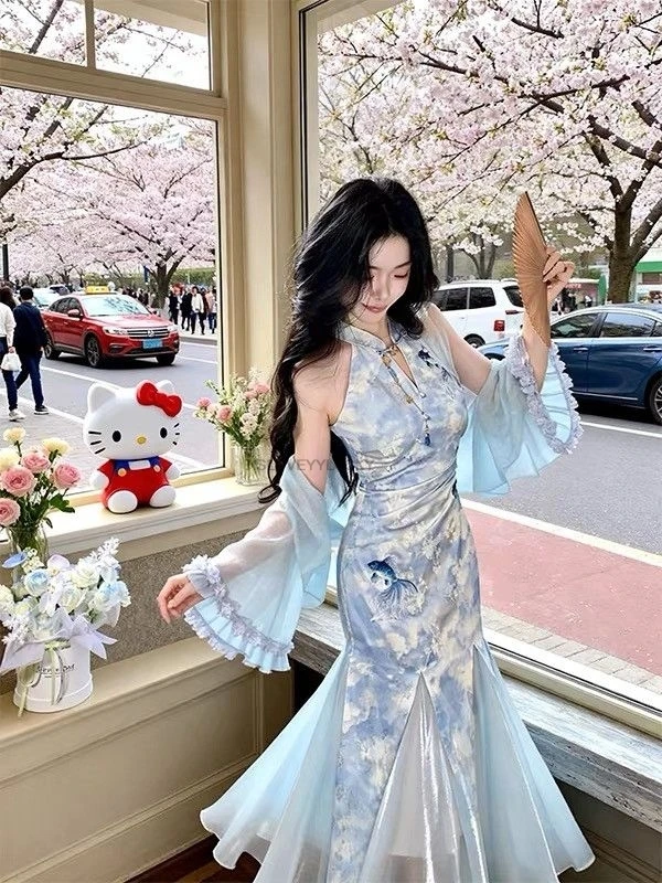 robe-d'ete-pour-femme-style-chinois-cheongsam-qipao-en-gaze-doree-imprimee-modele-queue-de-poisson-ameliore-ensemble-cardigan-bleu