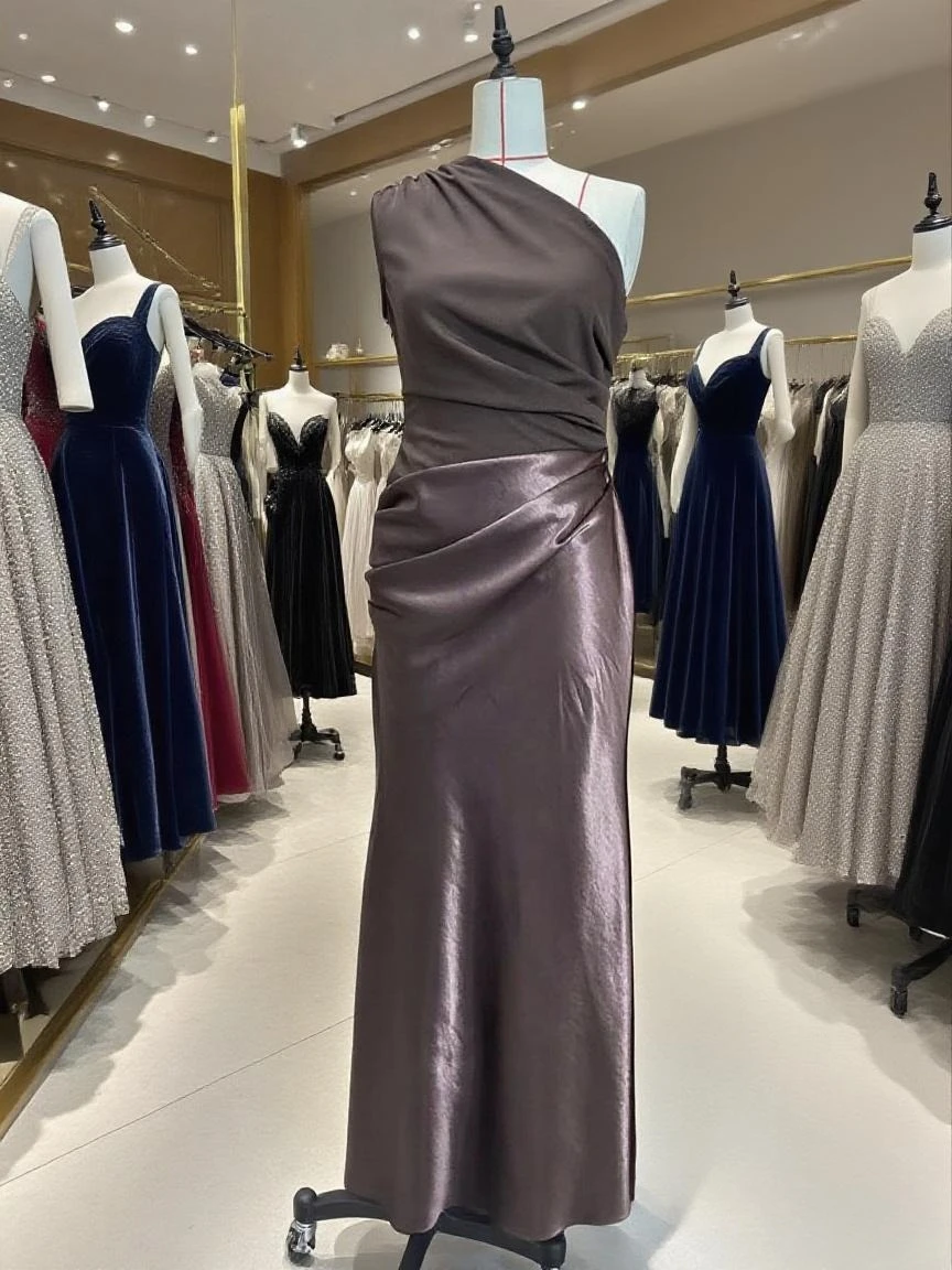 Suninheart エレガントなワンショルダーサテンマキシドレス ドレープネックライン スリムフィット イブニングドレス 結婚式 パーティー 宴会 フォーマルドレス