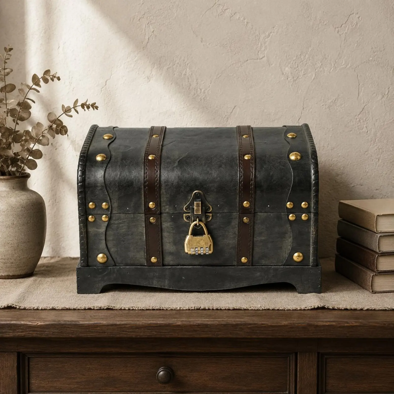 Decorative Wooden Chest Dark Gray Antique Look Chest Home Decor Curved Lid Brown Strap Bands