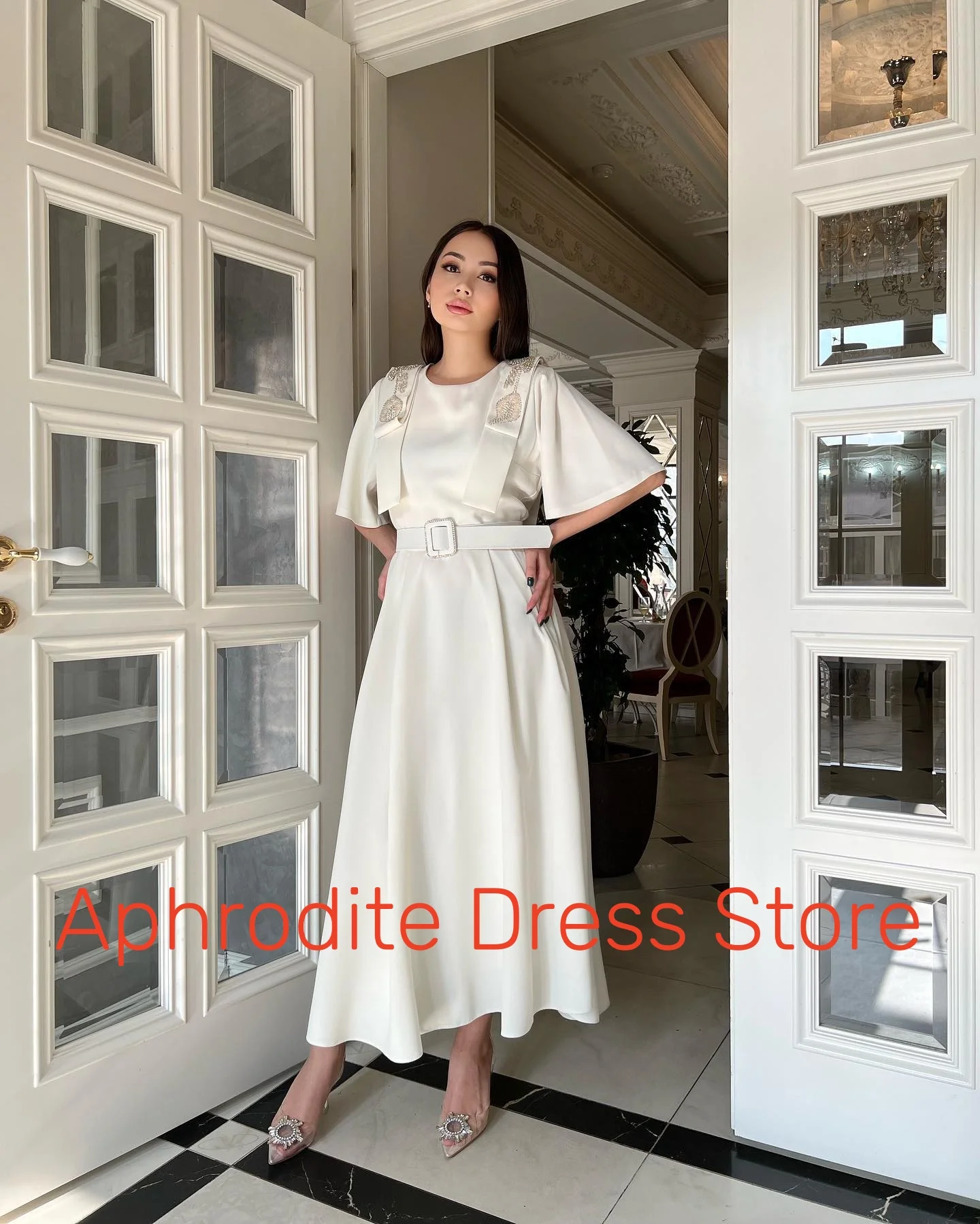 Customized Temperament Jersey Belt Crystal Evening Dresses High Quality Half Sleeves Prom Dress Custom Made Celebrity