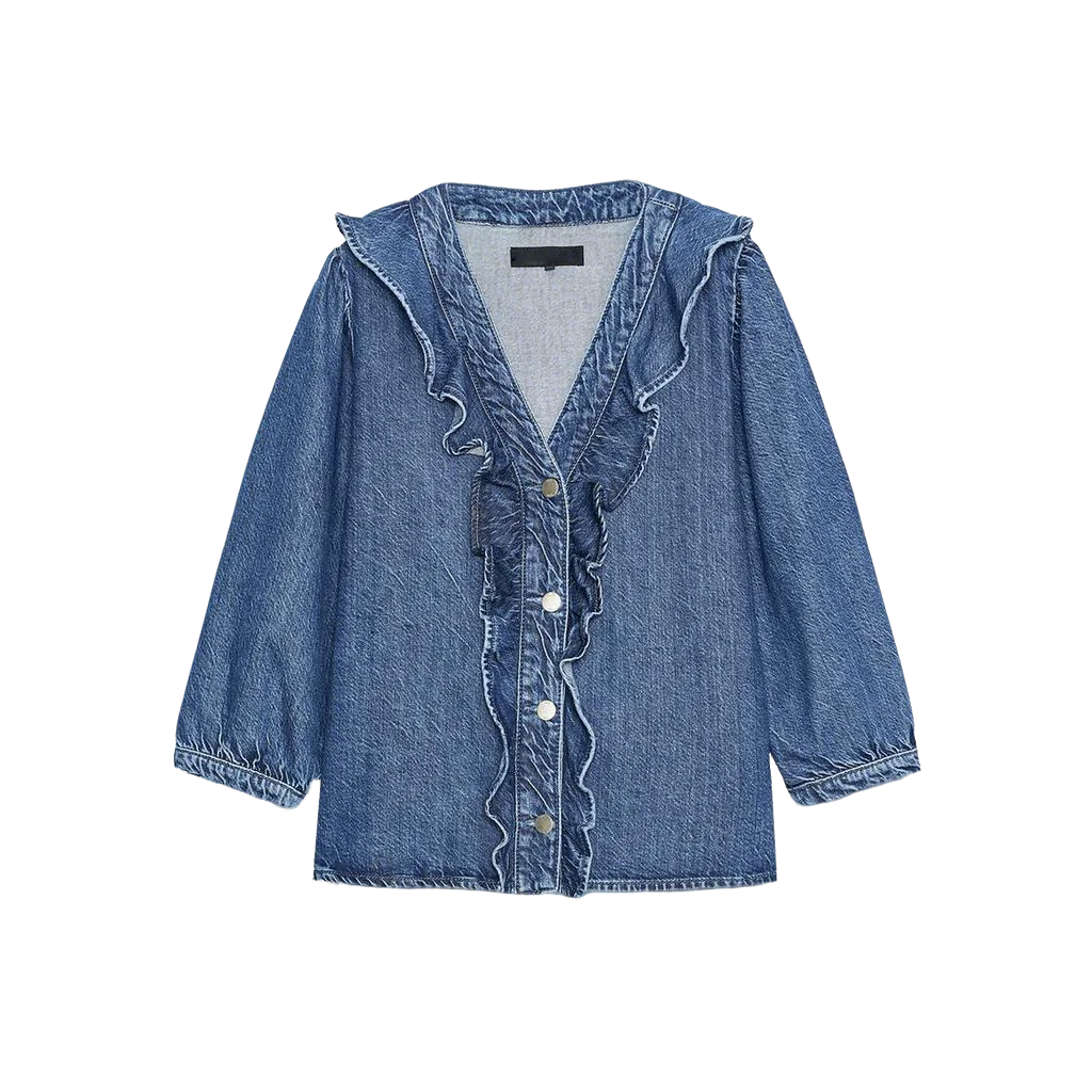 بلوزة ريترو V-Ne طويلة Sve مع حواف كشكش متعددة الطبقات من قماش الدنيم للنساء لخريف 2025 بوليستر فضفاض غير رسمي