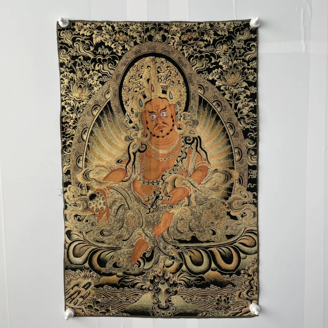 

35"Thangka Embroidery Tibetan Buddhism silk Embroidery Yellow Jambhala Tibetan Buddha Thangka hanging Screen Worship Hall