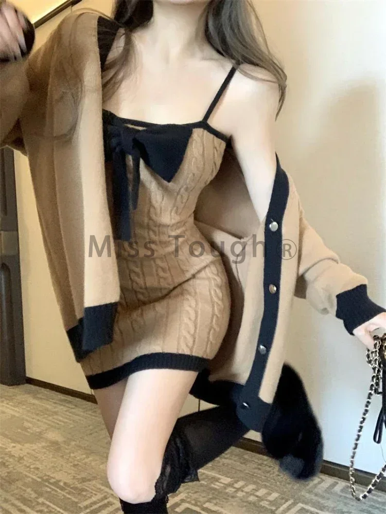 2023 Winter Elegant Knitted New 2 Piece Set Women Bow Y2k Vintage Mini Dress + Sweater Coat Female Korean Fashion Casual Sets