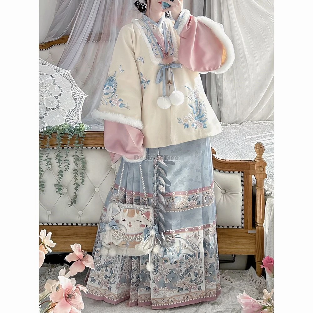 2024 chinese ancient ming dynasty sweet princess daily hanfu set exquisite embroidery cotton top fairy printing horse face skirt