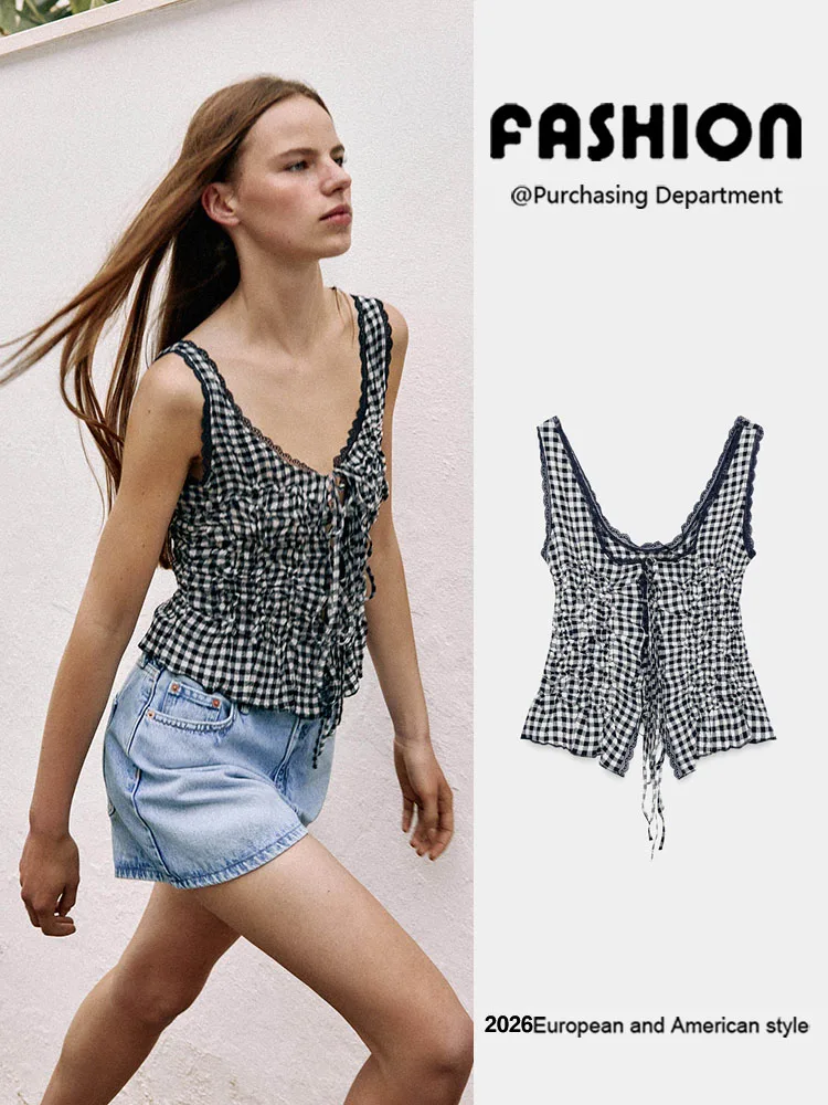 

New Summer Women's Fashion round Neck Lace Trim Pleated Plaid Strap Top Versatile Elegant Chinese Style Blouse