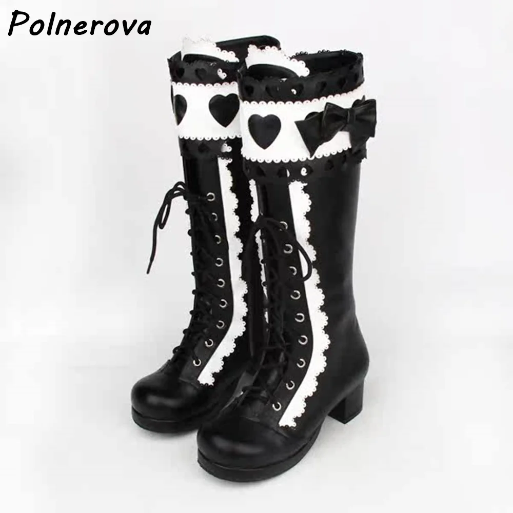 

Sweet Lolita Heart Cutout Boots Lace Trim Platform Bow Detail Lace-Up Chunky Heel Knee High Boots Winter Patchwork Cosplay Shoes