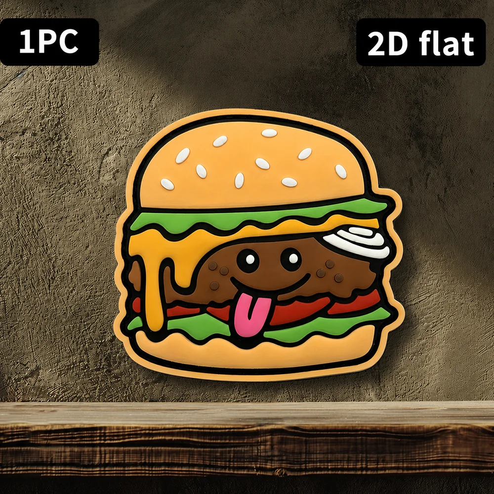 Fun Food-Themed Hamburger Cartoon Badge, 2D Flat Pvc Material, Magic Tape Patch, Free Backing Material, Optional Sizes, 1Pc/2Pcs/3Pcs, Layered 3D Embossed Edge, Not Easy to Come Off, Functional Jacket Personalized Decoration Accessory