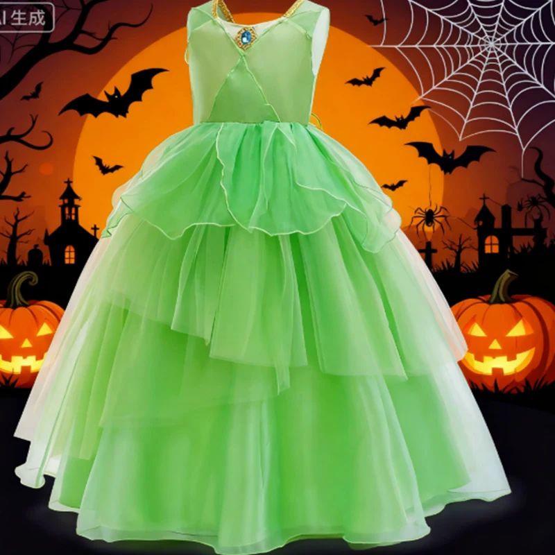 

Girl Princess Dress Green Flower Fairy Tulle Dress Kids Halloween Costume Purim Carnival Cosplay Elf Costume Birthday Party Gown