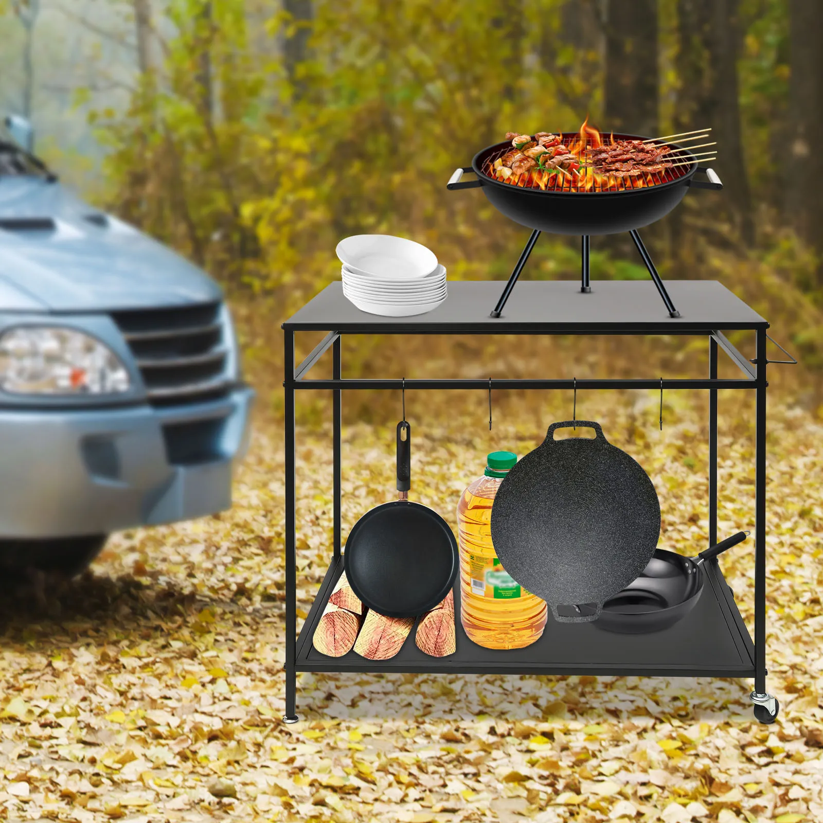 

Grill Cart,Black 2-Tier Outdoor Grill Cart,Outdoor Dining Cart with Storage and Spice Rack,for BBQ,Party,Garden