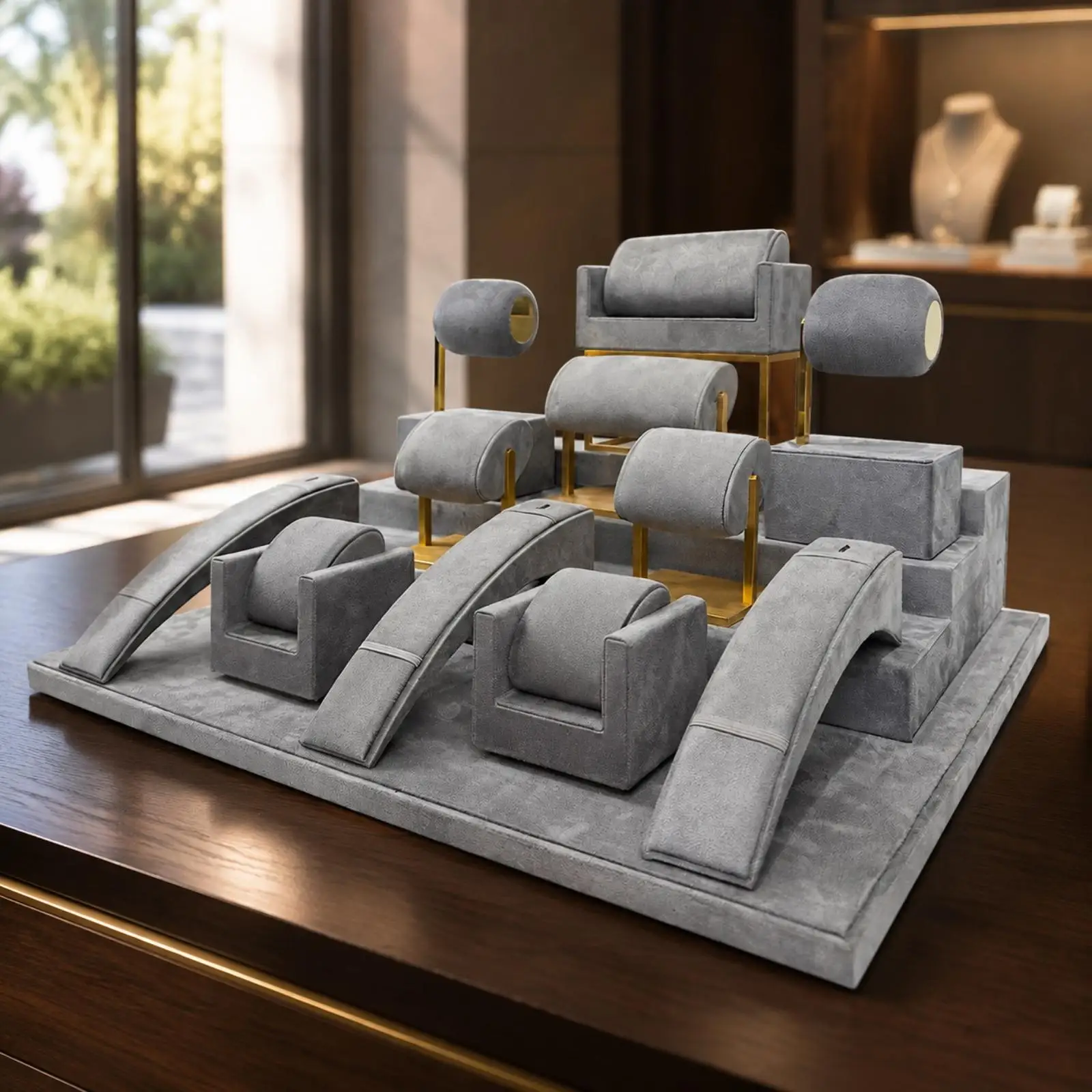 Jewelry and Watch Display Golden rackTone Velvet Display Rack with Metal Supports Multi-Tier for Boutique Owners, Dressing Area