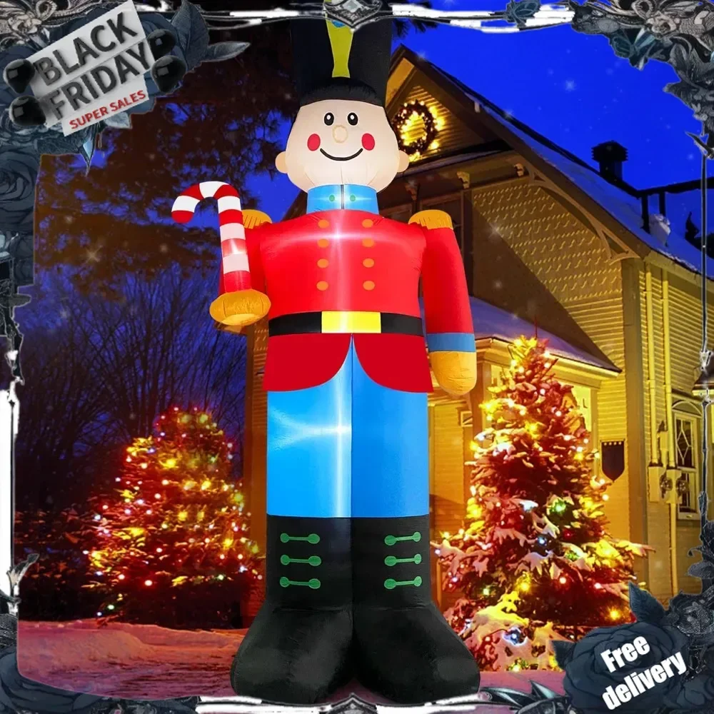 12FT Christmas Inflatable Nutcracker Soldier with Candy Cane Outdoor Christmas Decorations, Built-in LED Lights Nutcrack