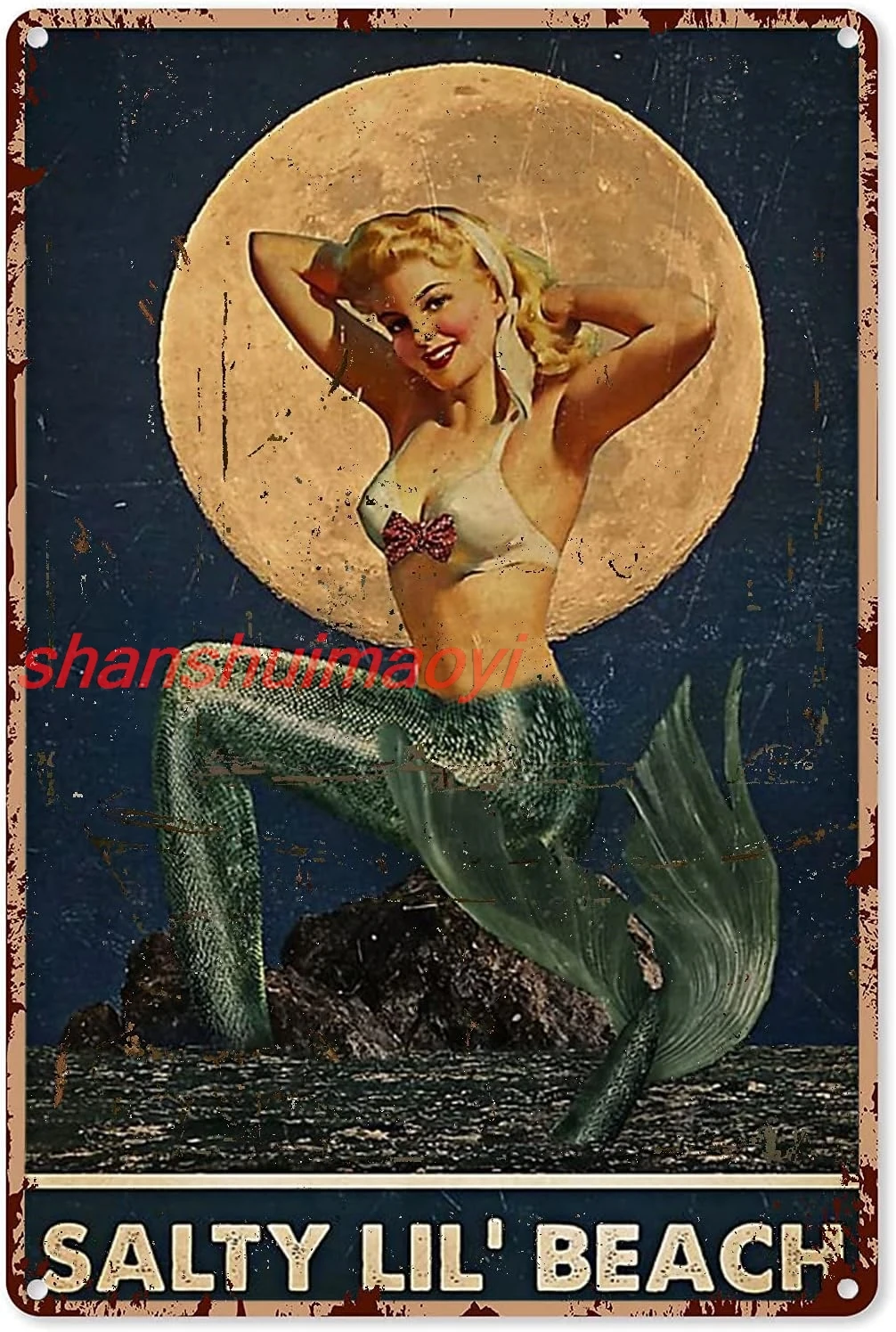 Mermaid Decor Bedroom Sexy Mermaid Pinup Girl Salty Lil' Beach Metal Sign Decor Tin Aluminum Sign Wall Art Metal Poster for