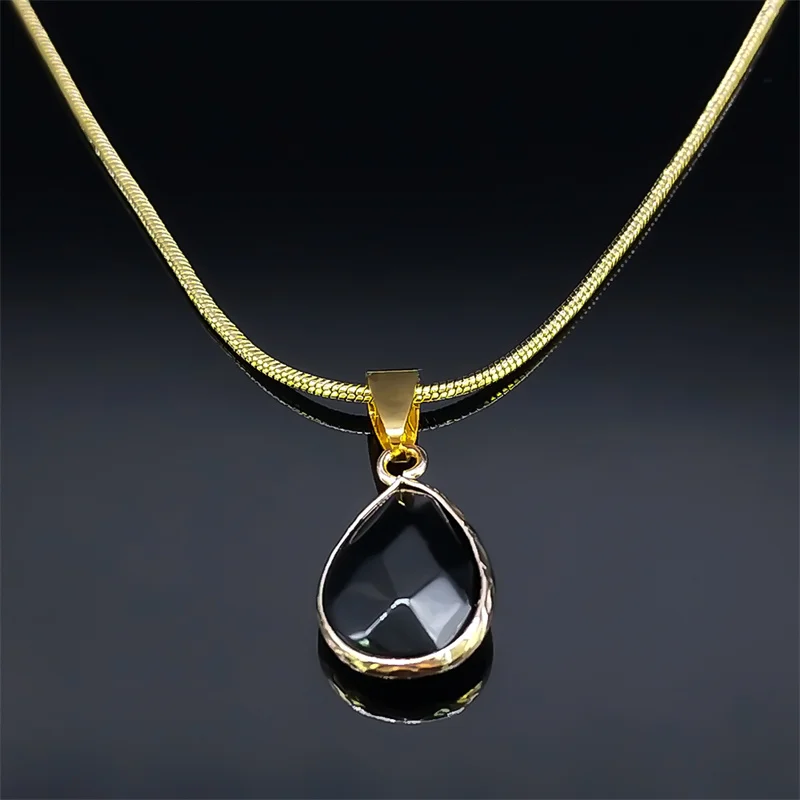Wassertropfen Schwarz Natürlicher Obsidian Stein Anhänger Halskette für Frauen Vintage Edelstahl Schlangenkette Choker Halsketten Schmuck – Detail 6