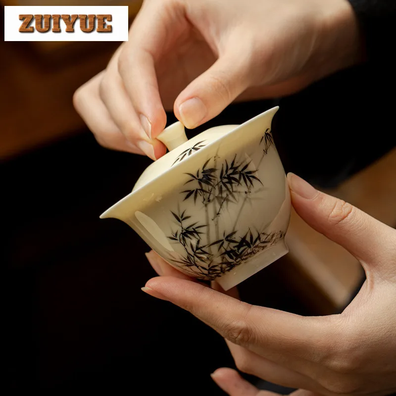 

130ml Hand-painted Bamboo Gaiwan Zen Heat Insulation Tea Tureen Tea Bowl With Lid Kit Tea Brewing Cover Bowl Tea Services Gift