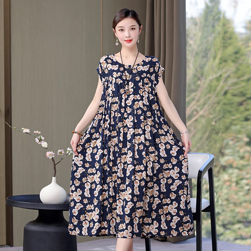 New Hot Fashion Arrival Casual 2024 Summer Dress For Women Print Loose O-Neck Cotton Women Clothing Dresses Plus Size