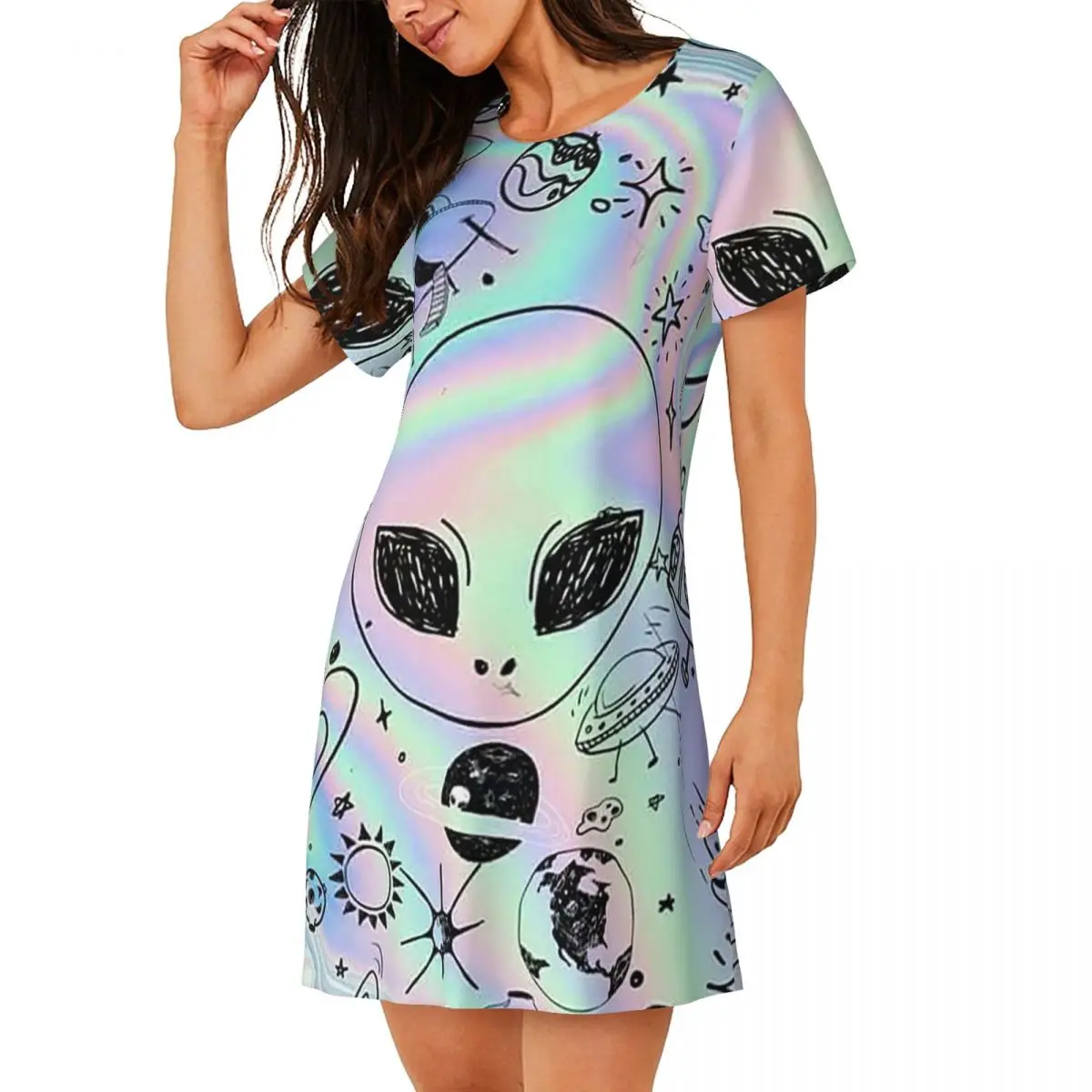 Alien Universe Wondrous Cosmos With Planet Camisón de manga corta para dormir, camisón de manga corta para mujer, vestido de pijama